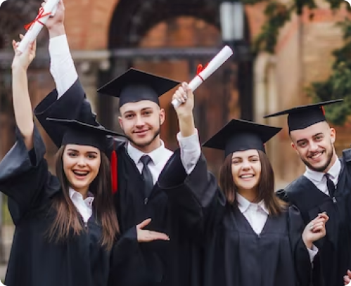 group diverse grads throwing caps up sky Italy 17