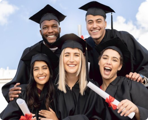 group diverse grads throwing caps up sky ireland